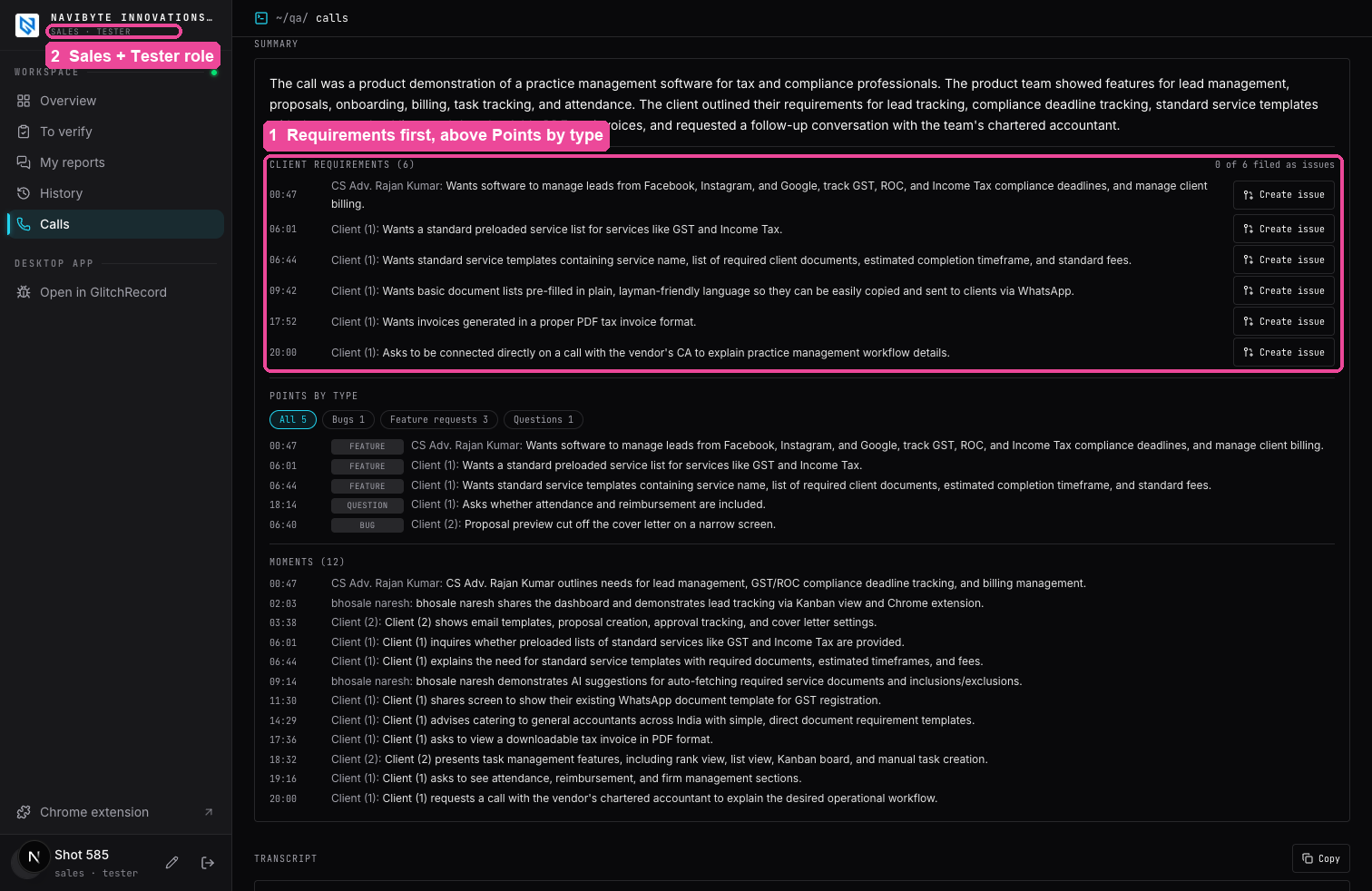 Client requirements with a Create issue button on each line, above Points by type