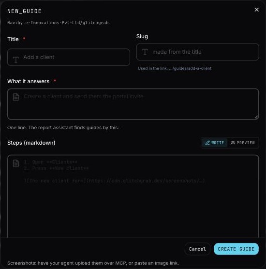 The new_guide editor: Title, Slug, What it answers, Steps in markdown with Write and Preview tabs, and Create guide