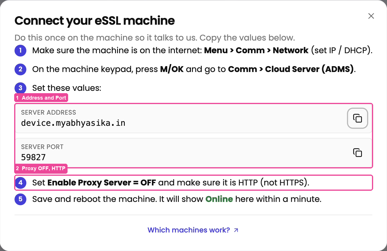 Connect your eSSL machine: Server Address, Server Port, Proxy OFF