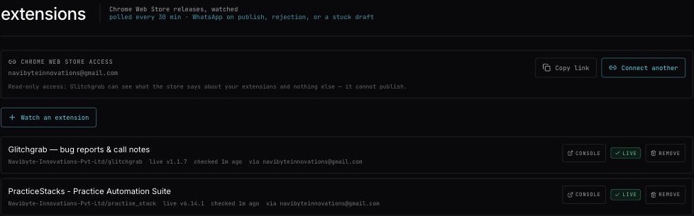 The Extensions page: Chrome Web Store access with Copy link and Connect another, Watch an extension, and two watched extensions shown as LIVE with their versions