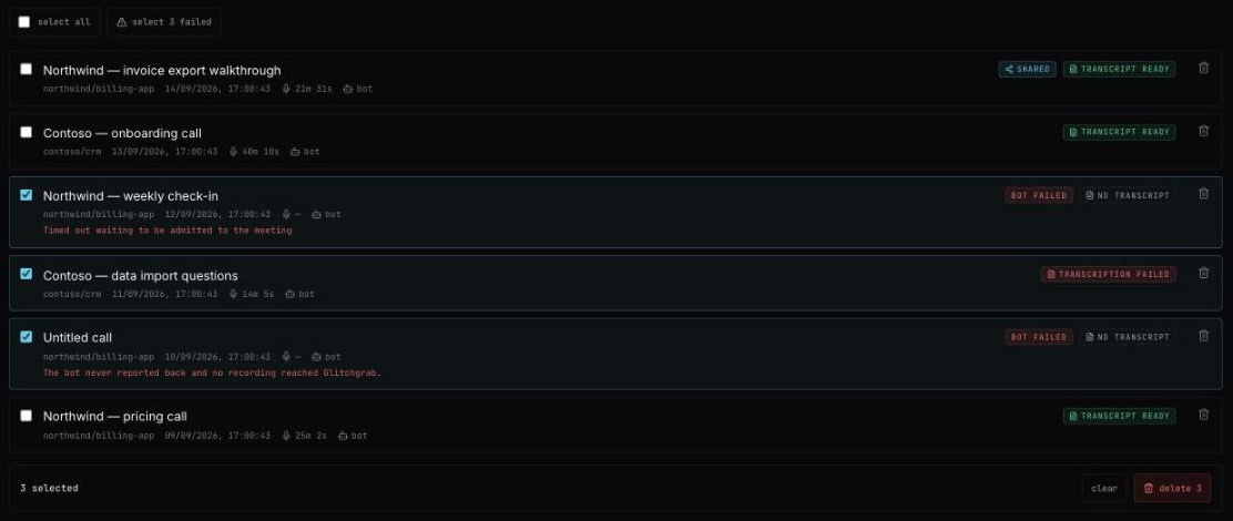 Three failed calls ticked and the bar under the list showing 3 selected with clear and delete 3