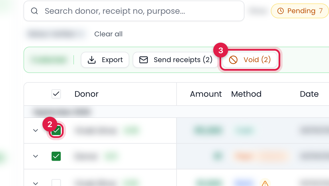 Donations list with a donation ticked, marked 2, and the Void button in the selection bar, marked 3