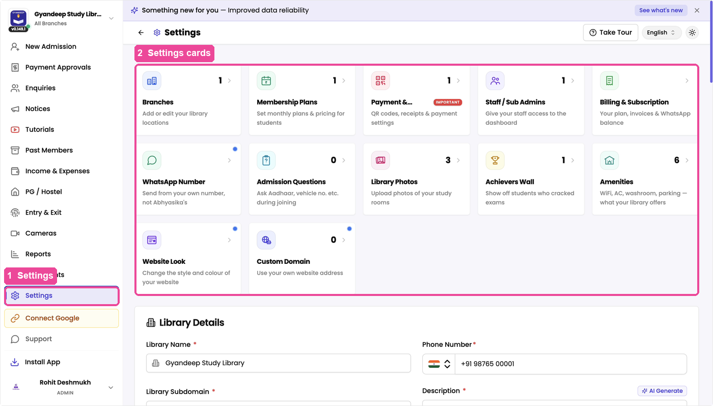 The Settings page with all its cards