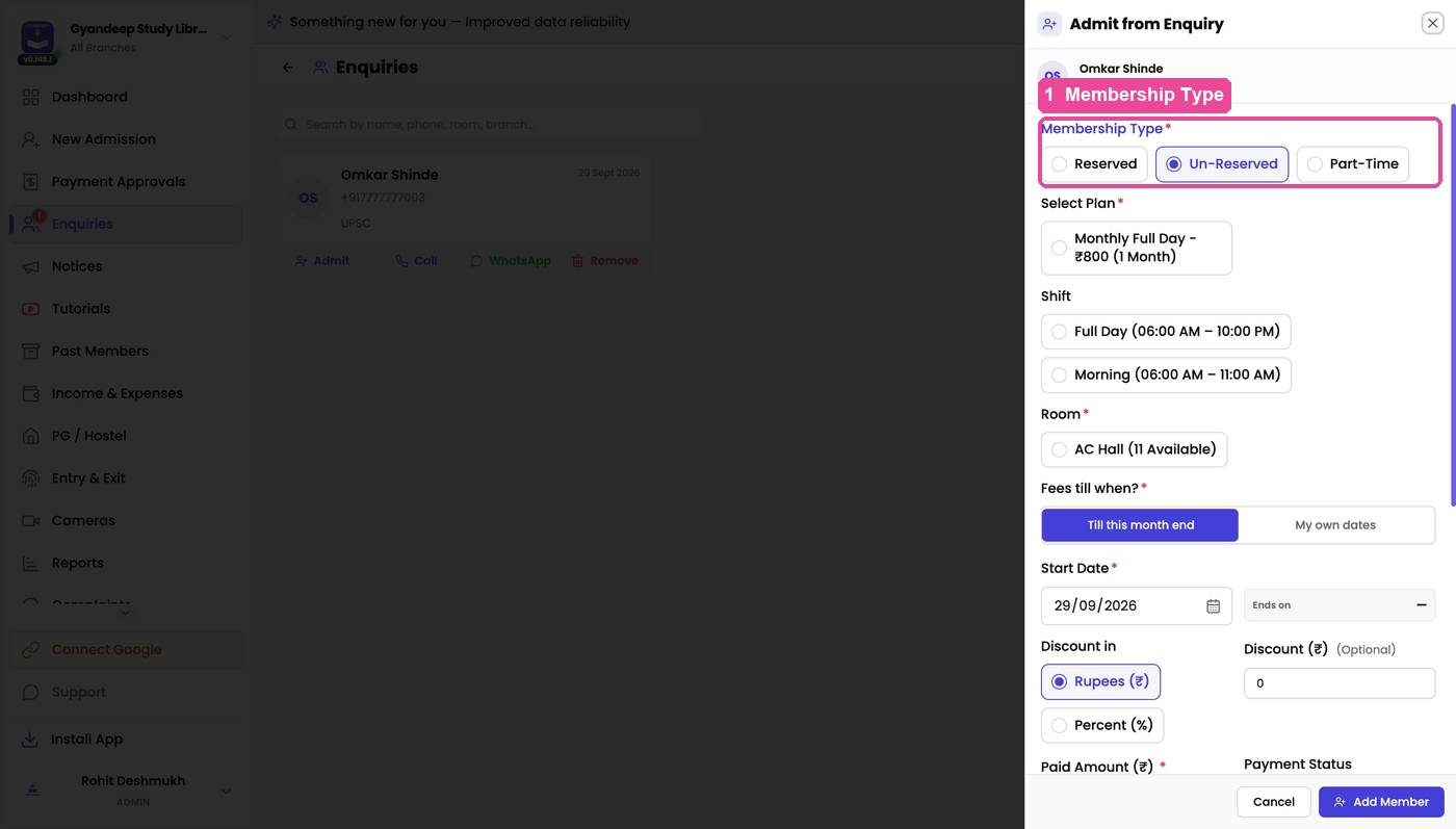 Admit from Enquiry: Membership Type, Select Plan, Shift and Room
