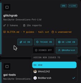 The ASSIGN NEW ISSUES TO menu open on a repo card, listing no one and the people who can be assigned