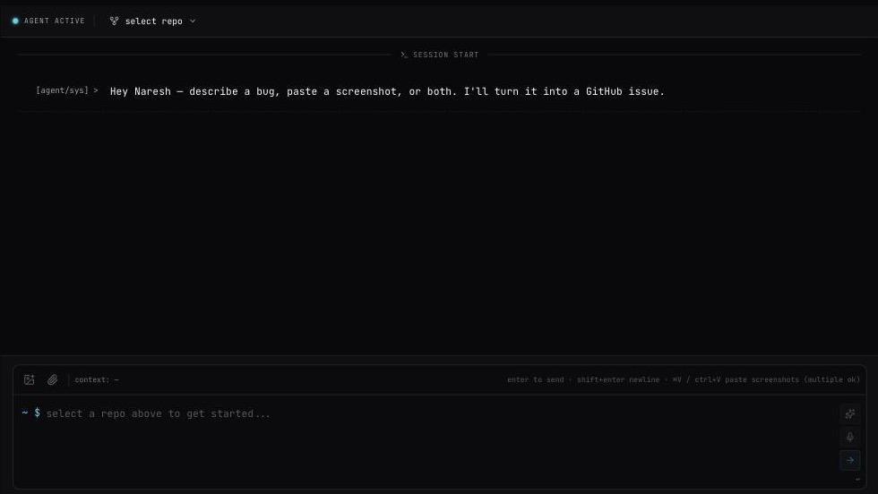 The Chat page: select repo at the top, the session area, and the message box with image, attach, AI enhance, microphone and send buttons