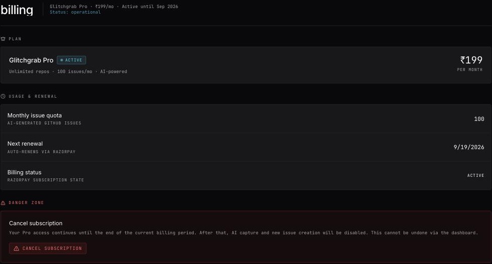 The Billing page for an active subscription: Glitchgrab Pro at ₹199 per month, the monthly issue quota, next renewal date, billing status, and Cancel subscription in the Danger Zone