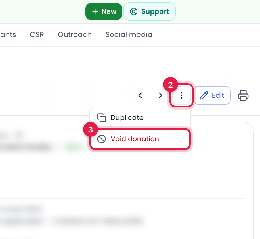 Donation page with the ⋮ (more actions) button marked 2 and the Void donation option marked 3