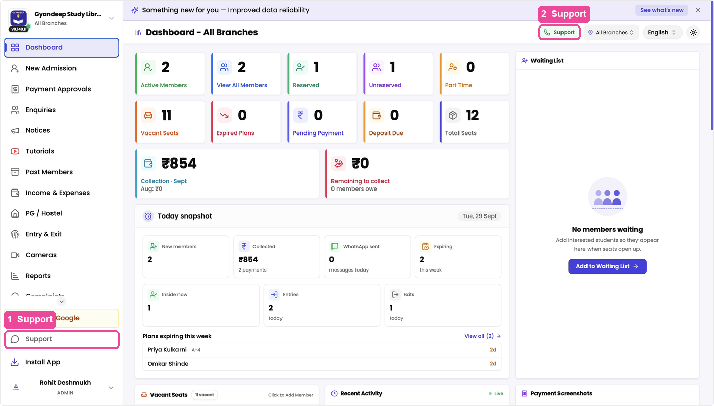 Support in the sidebar and at the top of the dashboard