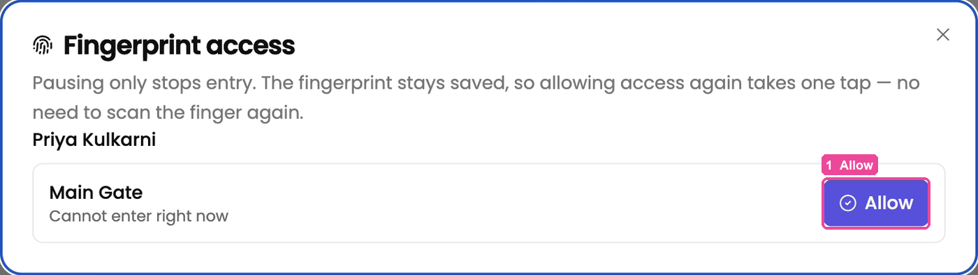 Fingerprint access: Allow