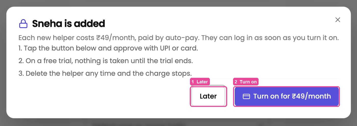 The ₹49 helper message after a sub-admin is added