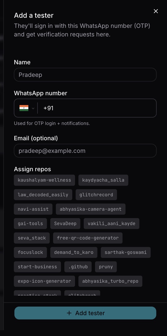 The Add a tester panel: Name, WhatsApp number, optional Email, Assign repos chips and the Add tester button