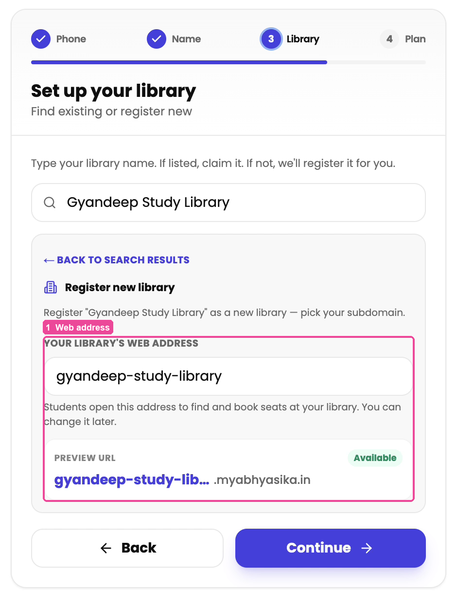 Web address for a new library, with the Available check