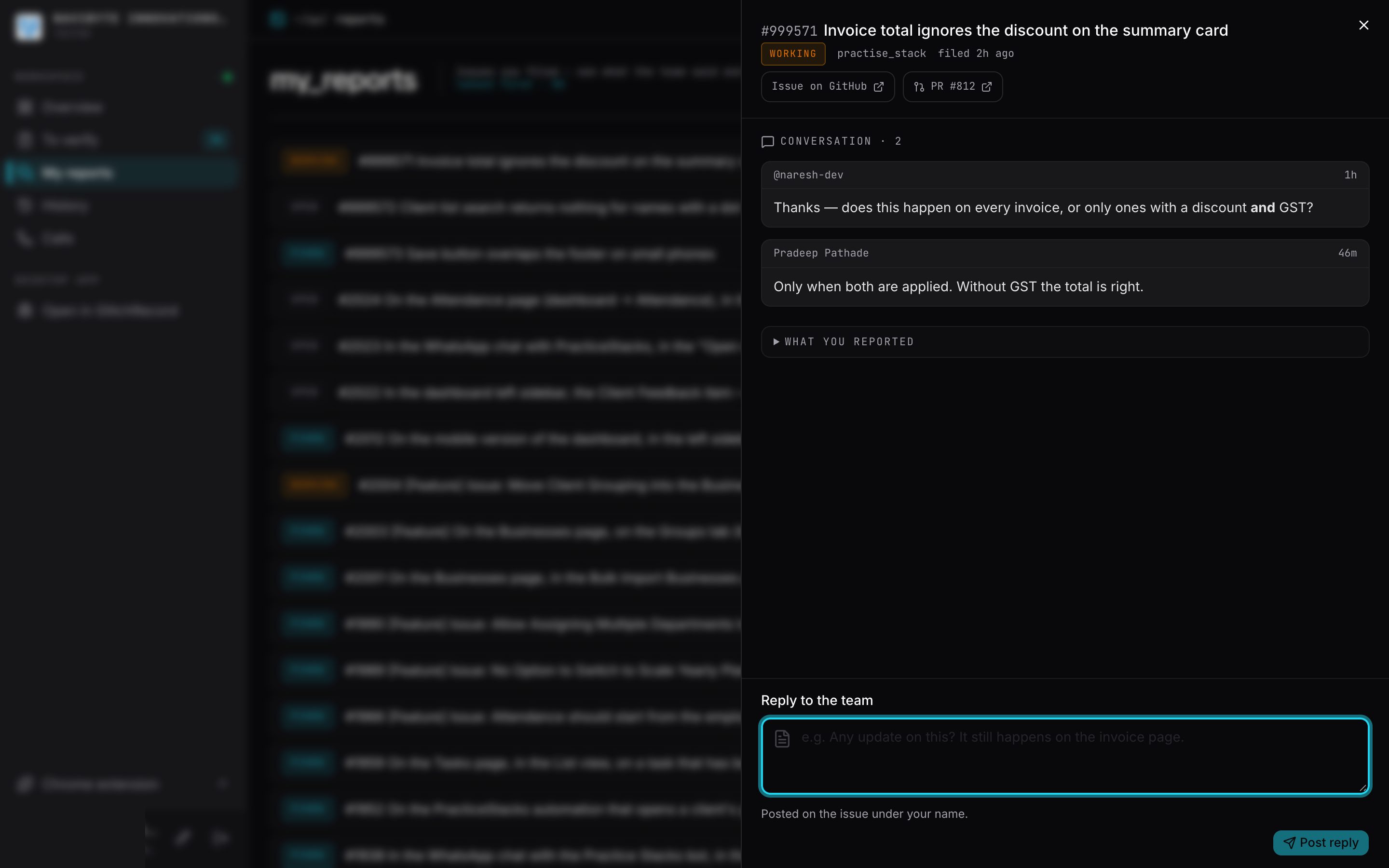 An issue's conversation, with the reply box at the bottom