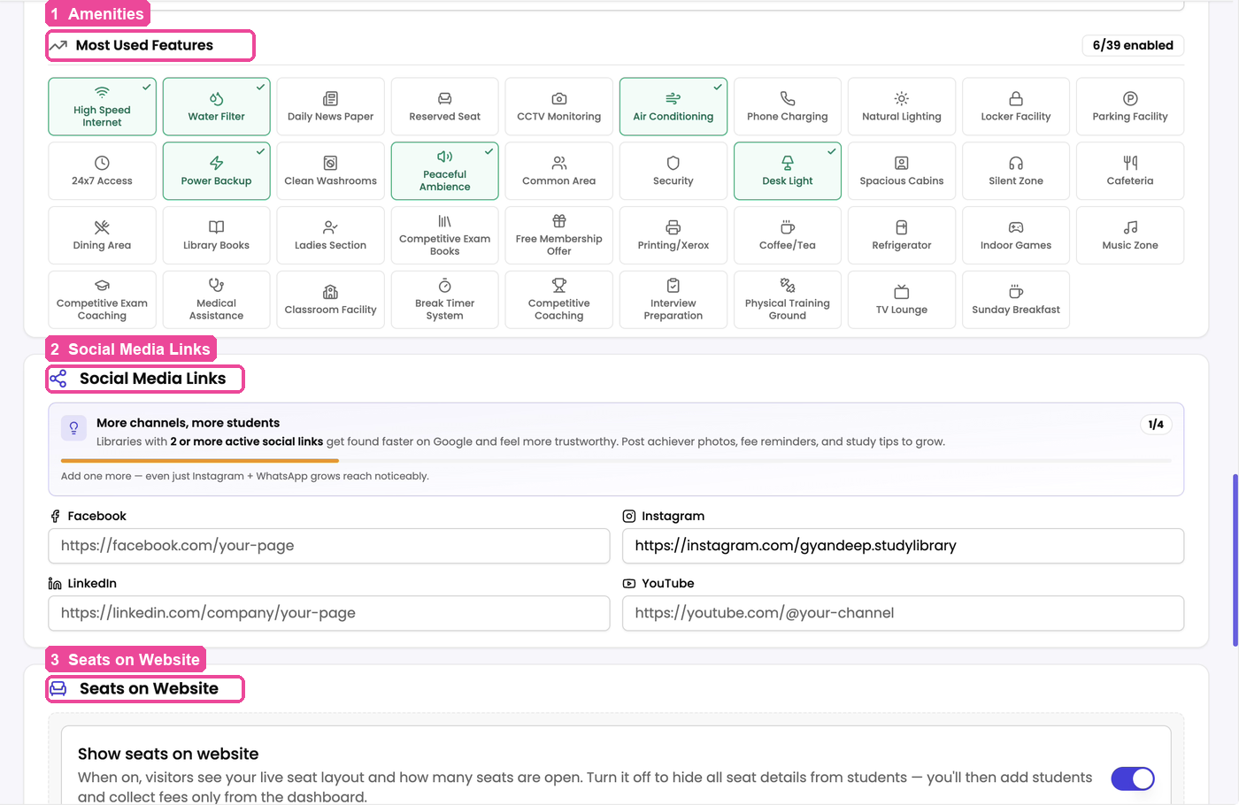 Lower sections of the Settings page