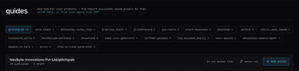 The Guides page: one chip per project with its guide count, and the project header with set guides link, server key and New guide