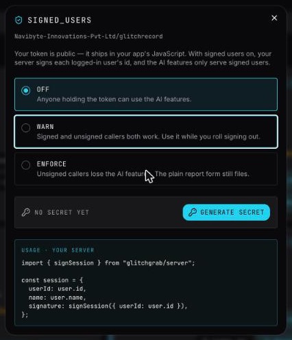 The signed_users dialog: OFF, WARN and ENFORCE modes, a Generate secret button, and a server code sample