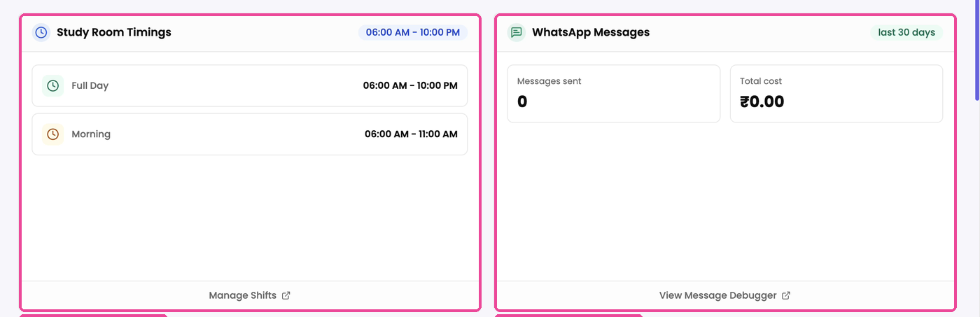 Study Room Timings and WhatsApp Messages boxes
