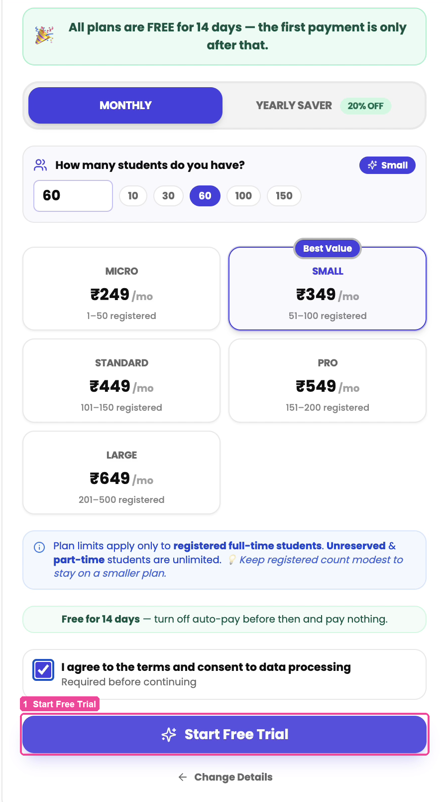 Choose a plan, with Start Free Trial at the bottom