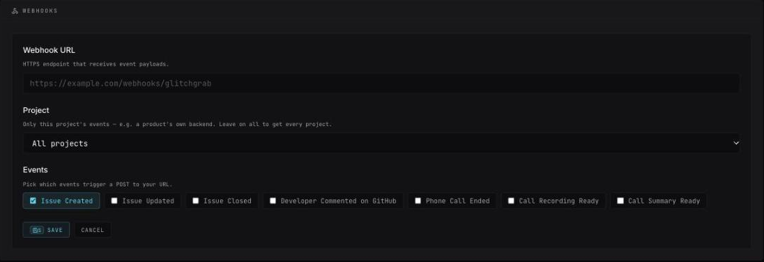 The webhook form: Webhook URL, Project (All projects) and the seven event checkboxes with Save and Cancel