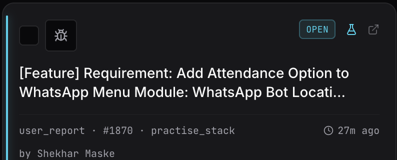 A report card: the OPEN state chip, send-to-QA flask and GitHub link at the top, then the title, source, issue number, repo, age and reporter