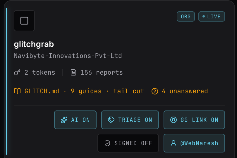 A repo card with the TRIAGE ON switch next to AI ON and GG LINK ON