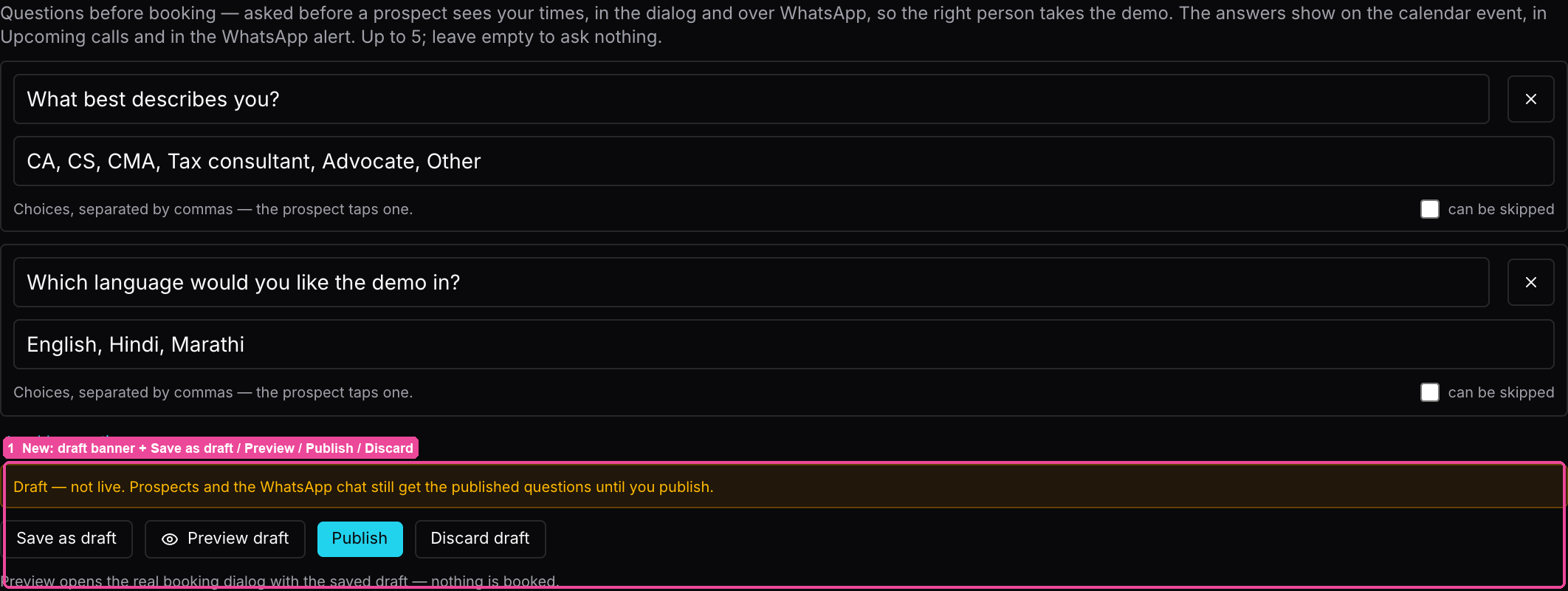 Questions before booking with the draft bar and the Save as draft, Preview draft, Publish and Discard draft buttons