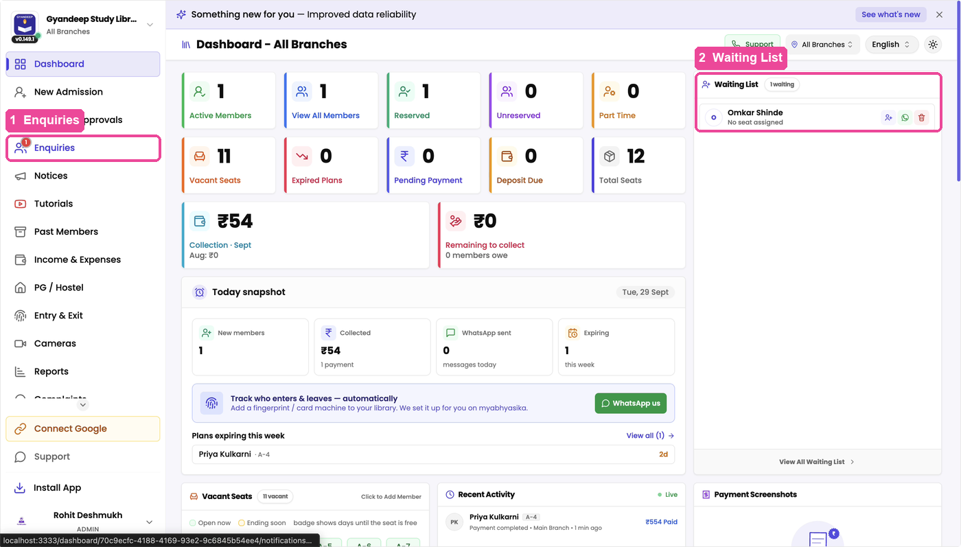 Enquiries with a red count in the sidebar, and the Waiting List card on the Dashboard