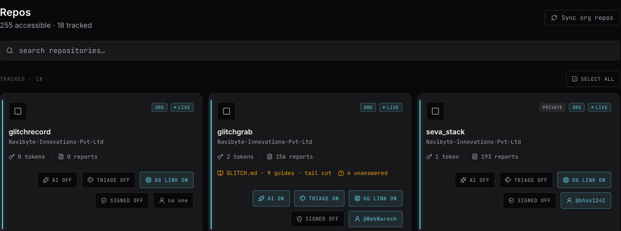 The Repos page: Sync org repos at the top right, a search box, and one card per tracked repo