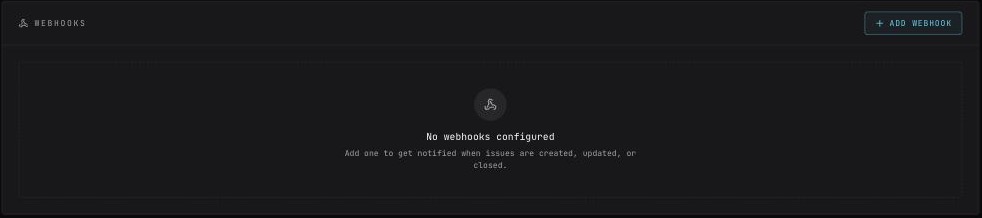The Webhooks section with Add Webhook and "No webhooks configured"