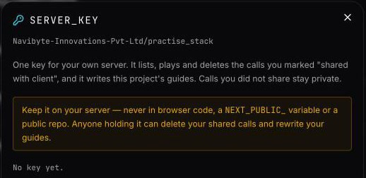 The server_key dialog: what the key does, and a warning to keep it on your server
