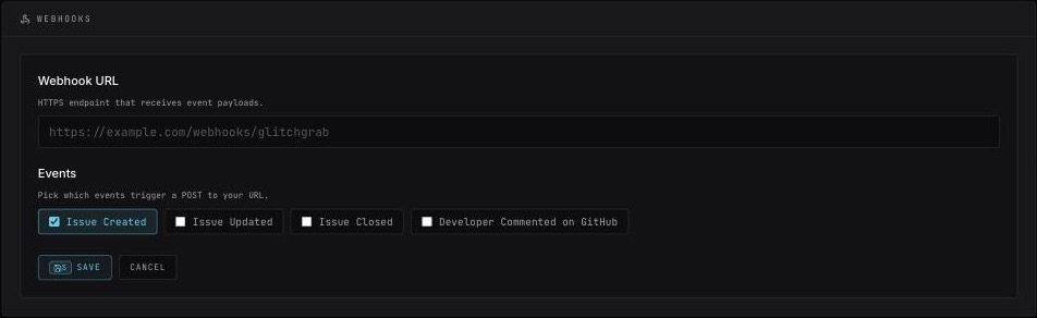 The webhook form: Webhook URL and the four event checkboxes with Save and Cancel
