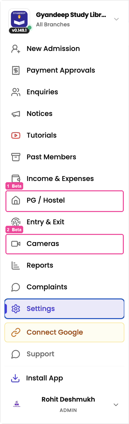 The sidebar, with PG / Hostel and Cameras marked as beta