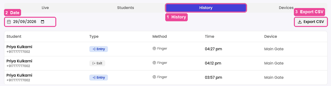 The History tab with the date and Export CSV