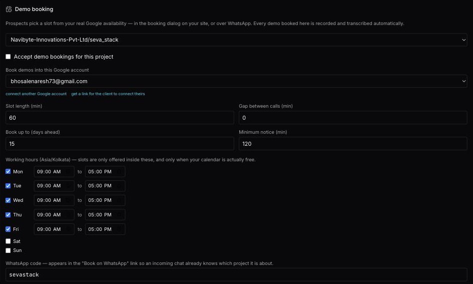 The Demo booking settings: project picker, Accept demo bookings, Google account, slot length, gap, days ahead, minimum notice, working hours per day and the WhatsApp code