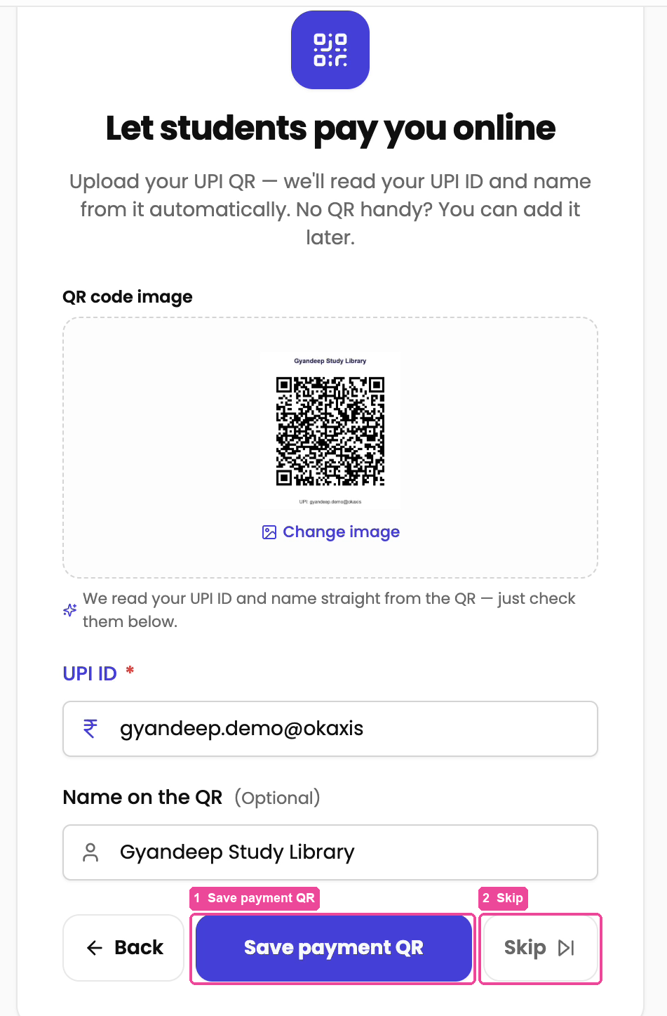 Payment step after the QR is uploaded