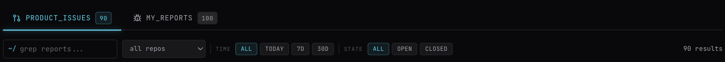 The Reports tabs and filters: PRODUCT_ISSUES and MY_REPORTS, a search box, repo picker, TIME and STATE filters