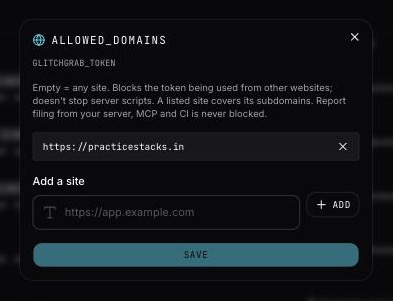 The allowed_domains dialog with one site listed, an Add a site field, and the Save button