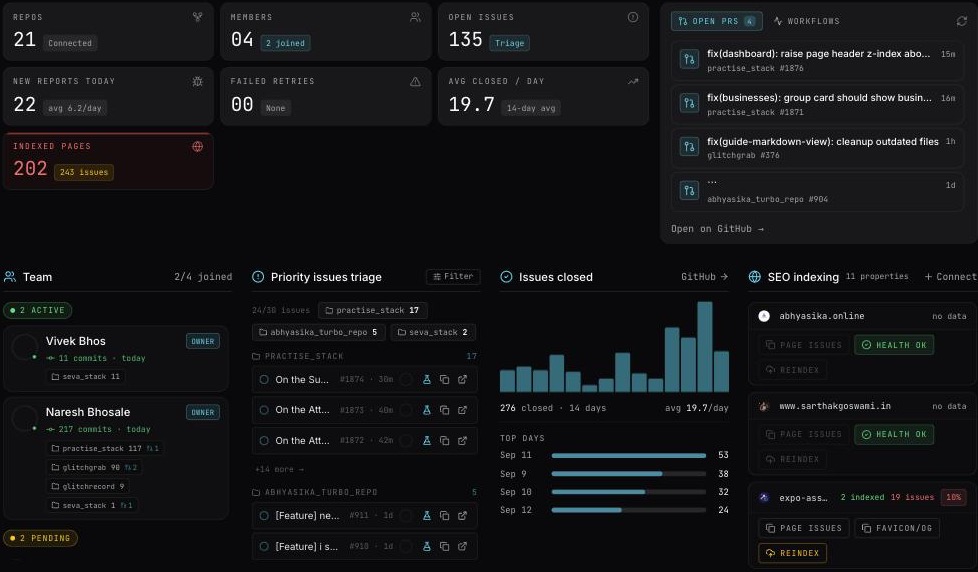 The Overview page: stat cards for repos, members, open issues, new reports today, failed retries, average closed per day and indexed pages; the Open PRs panel; and the Team, Issue triage, Issues closed and SEO indexing cards
