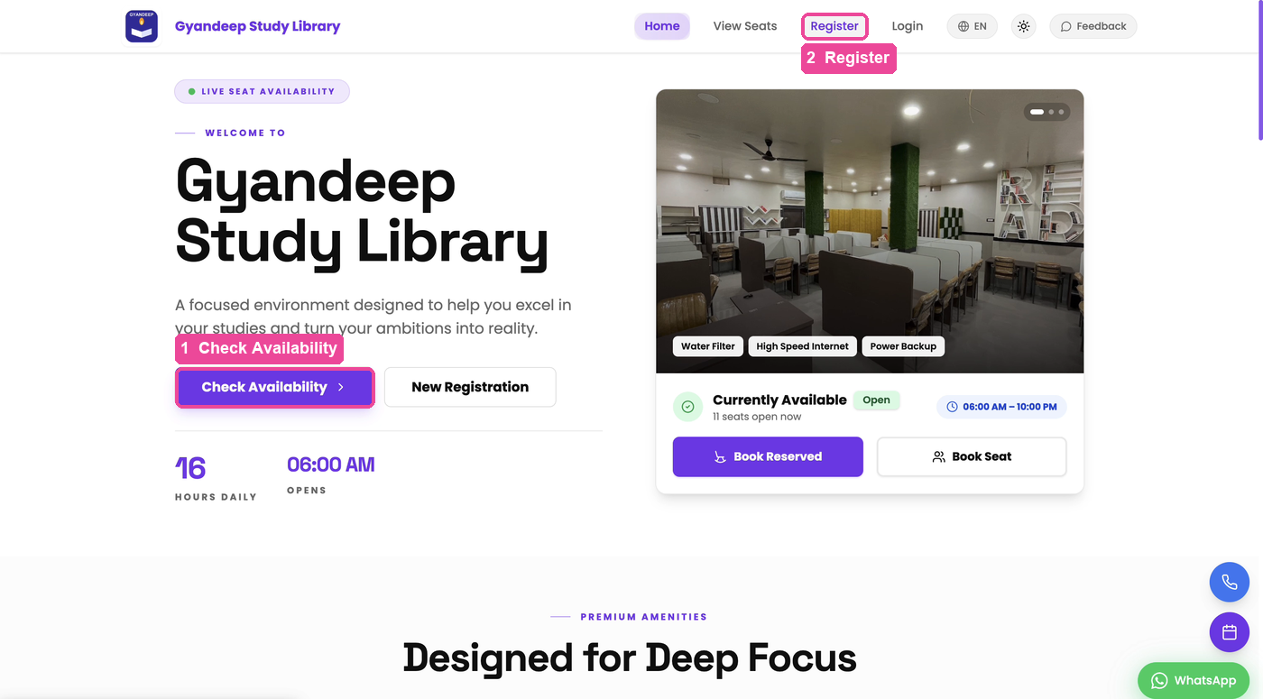 Your website's top section with Check Availability and Register