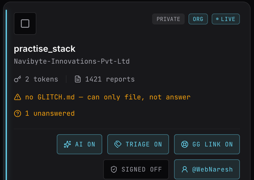 A repo card warning "no GLITCH.md — can only file, not answer" with 1 unanswered question