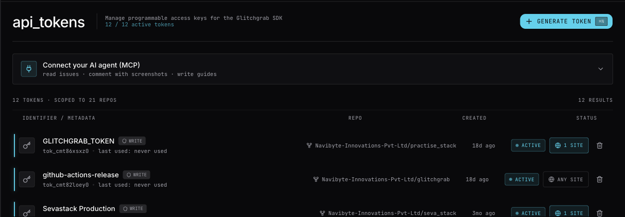 The API Tokens page, with the Generate Token button at the top right and one row per token