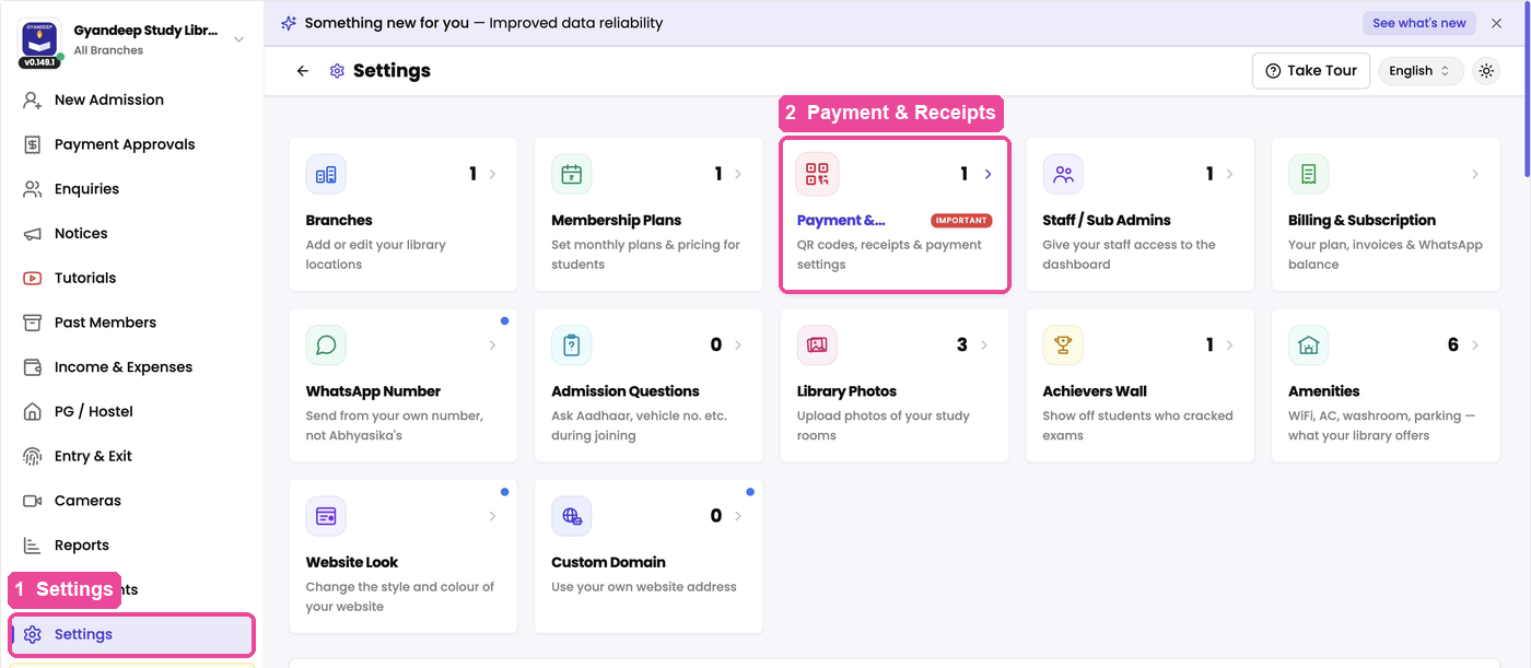 Settings, then the Payment & Receipts card